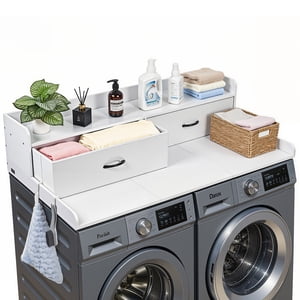 VEVOR Lave-linge comptoir avec plateau, 54 x 27.5 en bois avec lave-linge et sécheuse 2 Tiroirs & 2 Crochets, Lave-linge Topper, Blanc