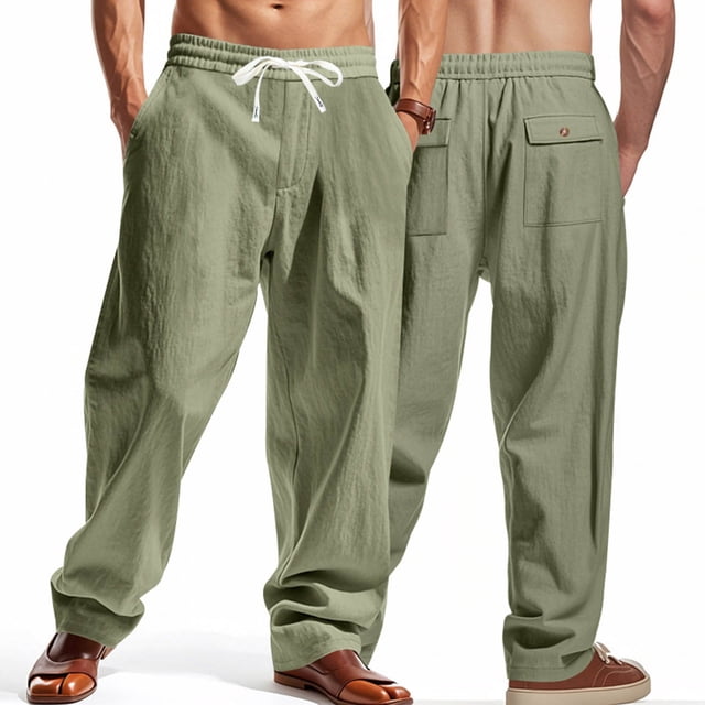 asjyhkr Mens Linen Pants Wide Leg Drawstring Elastic Casual Pants Workout Running with Pockets
