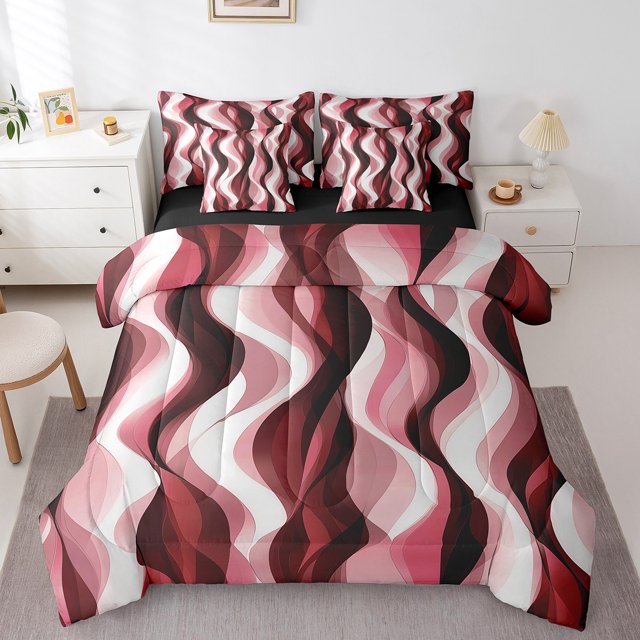 Erosebridal Salmon Geometry Bedding Sets Queen Size, Abstract Ombre Comforter Sets with Sheets, Stripes Artwork Reversible Bed Sheets Set, Ultra Soft Room Decor, 7pcs