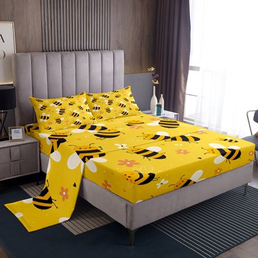 Erosebridal Draps Kawaii Abeille pour Lit Grand, Ensemble de Draps à Fleurs Rétro Grand, 4 Pcs (Drap Plat, Drap-Housse, Taie d'Oreiller)