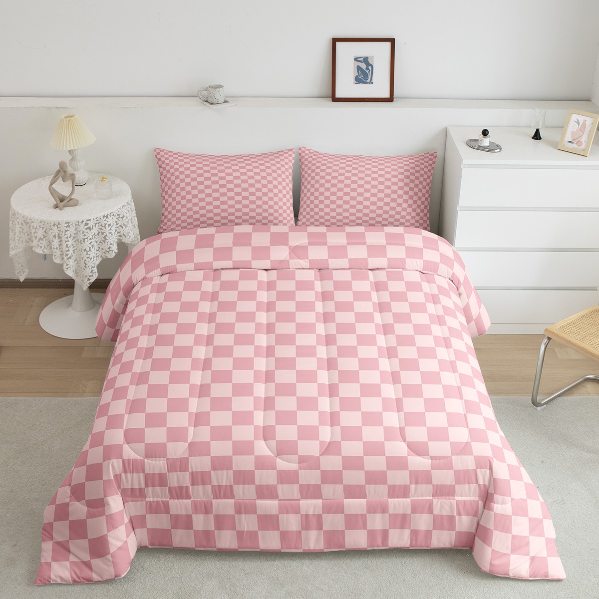 Erosebridal Vintage Checkered Bedding Sets Full with Comforter, Square Geometric Duvet Insert, Buffalo Check Decor, Reversible