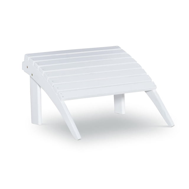 White Adirondack Outdoor Ottoman with a slatted planked top and curved legs, crafted from durable solid acacia wood with a white stain finish, designed for indoor or outdoor use as a classic complement to Adirondack furniture and suitable as a footrest or extra seating.