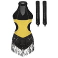 thumbnail image 4 of YONGHS Justaucorps-Robe de Danse Latine Jazz à Franges pour Femme, Haut Justaucorps Rumba de Salle de Bal avec Gants, Or L, 4 of 5