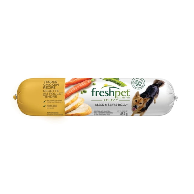 Freshpet Select Nourriture pour Chien au Poulet Tendre, Trancher et Servir en Rouleau, Emballage de 454 g, Montrant du Poulet Tendre, des Carottes, des Pois et un Chien Ludique sur l'Étiquette, Formulée comme Nourriture Fraîche pour Chien avec nutrition Équilibrée pour Chiens Adultes, non-OGM et Conservée au Réfrigérateur.