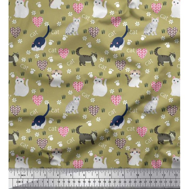 Soimoi Poly Georgette Fabric Heart,Footprint & Cat Animal Decor Fabric Printed Yard 42 Inch Wide