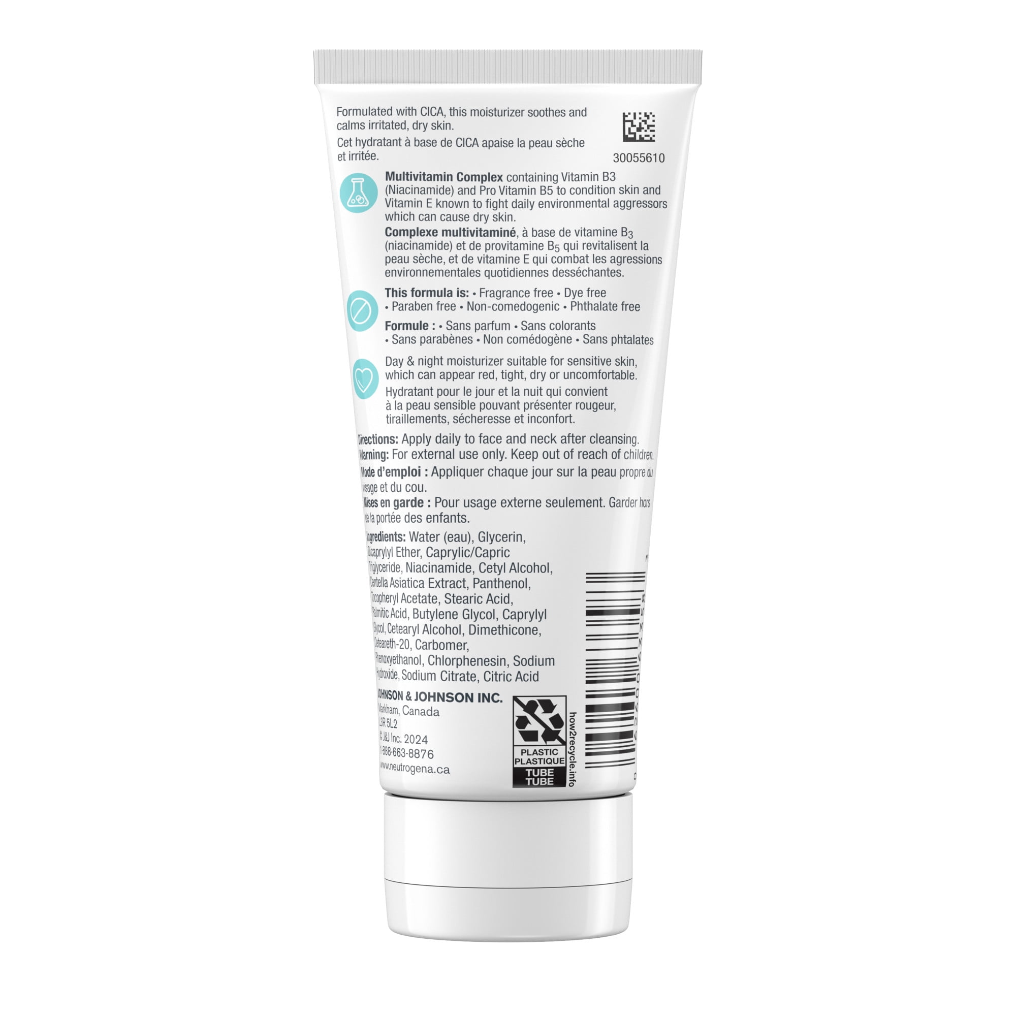 Hydratant quotidien Visage Neutrogena, sans parfum, hydratant pour peau sensible, pour le visage et le cou, avec vitamine B3, pro-vitamine B5 et vitamine E; soutient la barrière de la peau, 100 ml