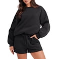thumbnail image 2 of IROINNID Survêtement pour Femmes Ensemble 2 Pcs Rabais Blouse à Col Rond Hauts à Manches Longues Chandail Shorts Ensemble Décontracté Ensemble de Jogging, Noir, 2 of 9