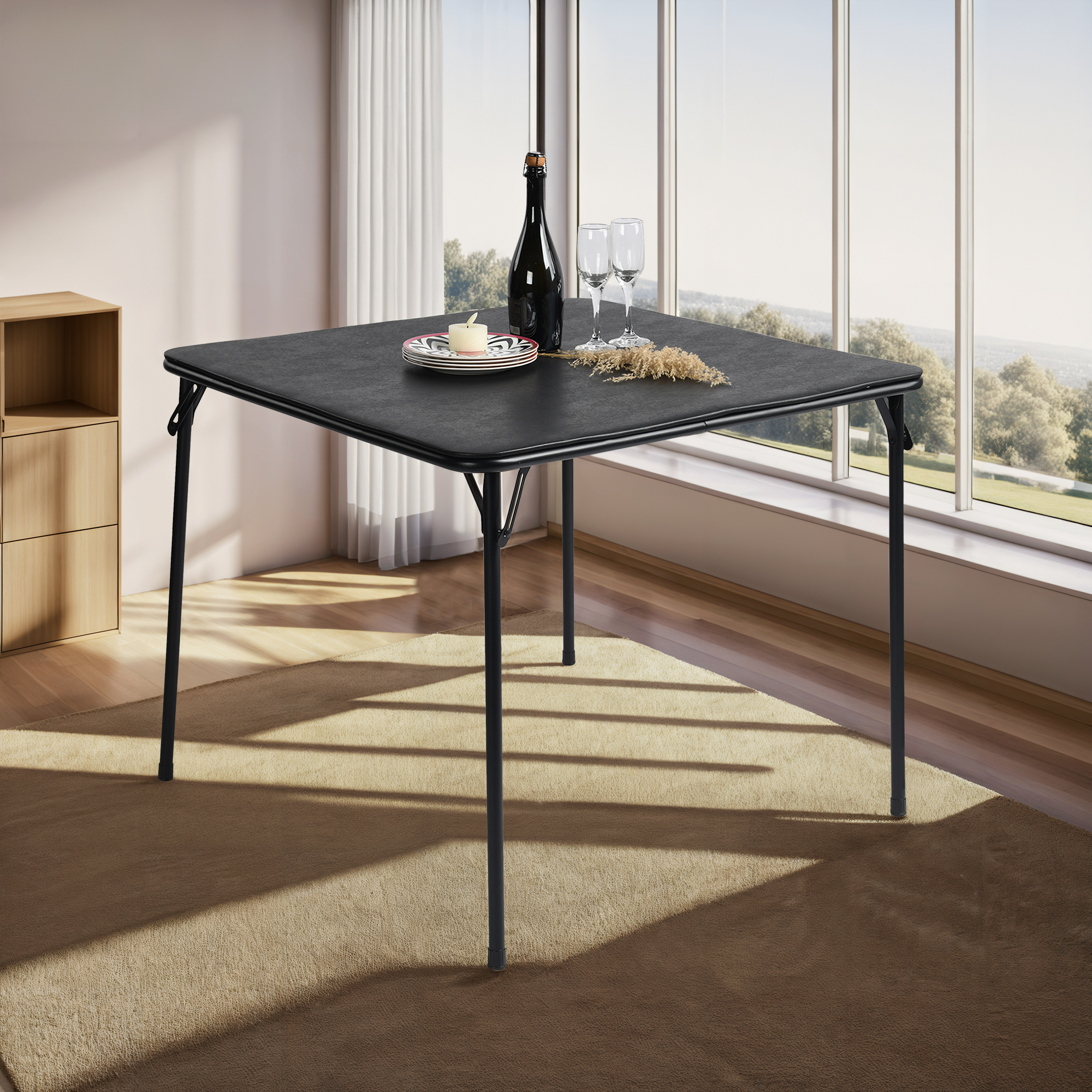 Homy Casa table pliante carrée 33,9 po, plateau PVC noir, pieds en métal, pour repas, jeux, fêtes et petits espaces