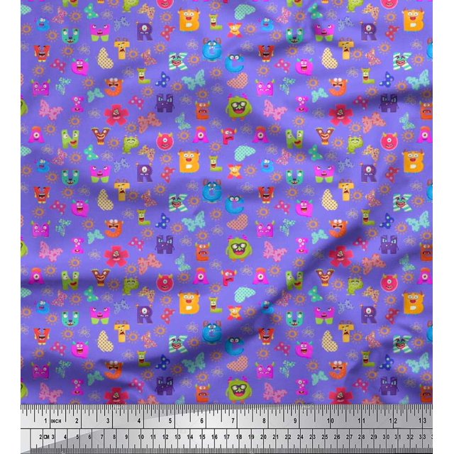 Soimoi Purple Cotton Duck Fabric Insect,Sun & Cartoon Alphabets Text Print Fabric by The Yard 56 Inch Wide