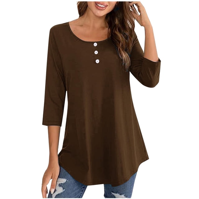 TACILIP Hauts à Manches 3/4 pour Femmes, Blouses à Boutons à Col Ras du Cou, T-Shirts Basiques, T-Shirts Décontractés d'Automne, T-Shirts Amples de Travail, Tenues de Printemps, Cadeaux pour Femmes