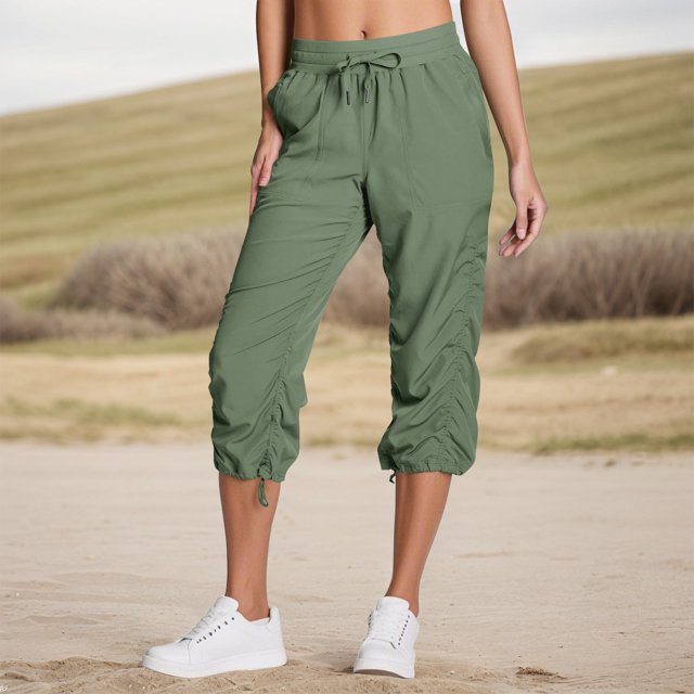 Capris pour Femmes à Enfiler avec Cordon de Serrage Séchage Rapide Pantalons Cargo Réglables Bas Respirants Taille Élastique Pantalons Raccourcis avec Poches Vert Armée G