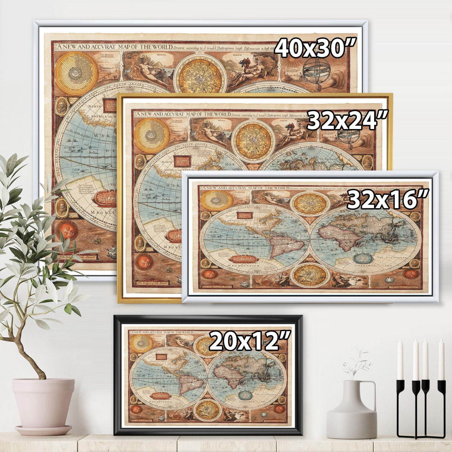 Designart Ancienne carte du monde VIII ART MURAL À CADRE FLOTT