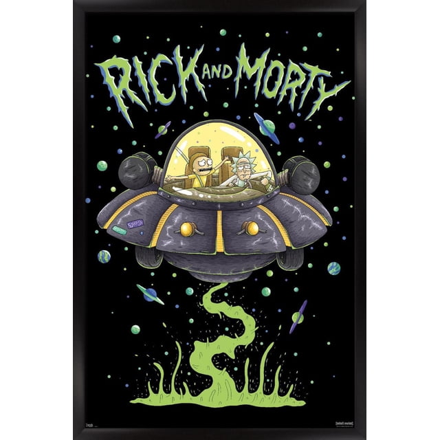 Rick And Morty - Affiche Murale de Navire, 22,375 Pouces x 34 Pouces Représentant Rick And Morty à l'Intérieur d'Un Vaisseau Spatial Gris et Jaune avec un Dôme transparent, Flottant dans l'Espace parmi des Planètes Colorées et de la Fumée d'Alien Verte en Dessous, Imprimée sur Papier d'Affiche Lustré par Trends International, Convient à la Décoration Murale de Chambre Ou de Bureau.