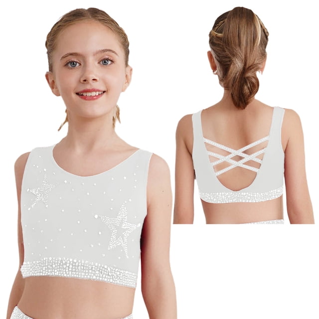 Hansber Enfants Filles Scintillant Sans Manches Danse Court Débardeurs Hip-Hop Rue Chandail Performance Tenue de Danse Blanc 14