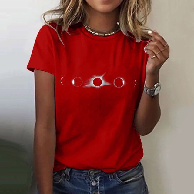 Hauts d'Été pour Femmes, Blouses Décontractées Habillées pour l'Entraînement 2024, T-Shirts à Imprimé Solaire pour Femmes, Col Rond, Manches Courtes, Rouge