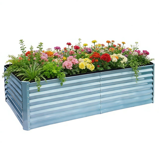 Noble House Raised Garden Bed, Galvanized Planter Box Stand Outdoor, blue galvanized steel planter box with corrugated sides filled with vibrant blooming flowers in pink, red, yellow, orange, and purple, designed for outdoor garden centre use with rust-resistant metal and open-bottom drainage, suitable for growing herbs and flowers.