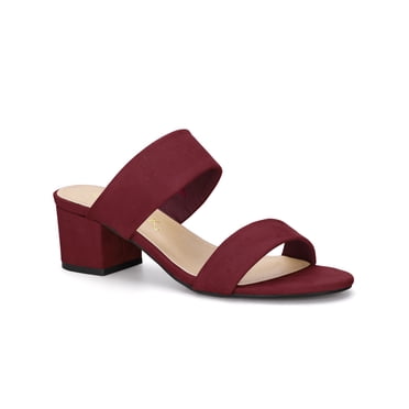 BLISSFUL STEP Women's Shoes Dual Straps Mid Chunky Heel Slide Sandals Burgundy 7
