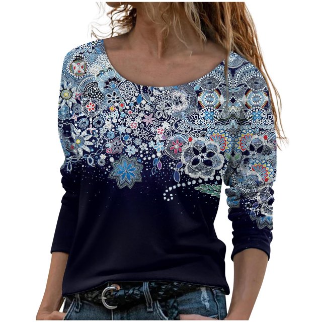 IROINID Offres Dames Manches Longues T-Shirts Décontractés Imprimé Col Rond T-Shirt Ample Blouse d'Automne Chandail, Bleu Clair