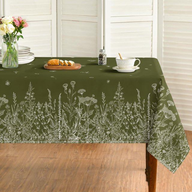Spring Summer Tablecloth 60×120 Inch Rectangular, Wild Flowers Floral Moss Green Washable Seasonal Table Cover for Party Picnic Dinner Decor