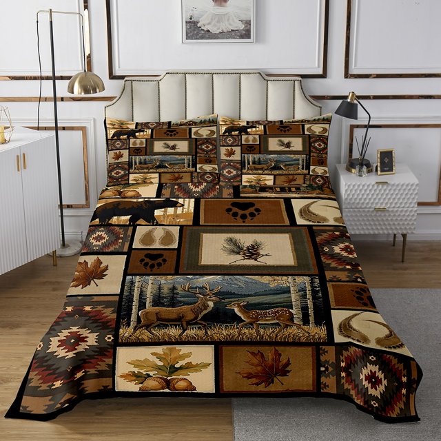Erosebridal Ensembles de Courtepointe Style Ferme avec Cerf et Orignal pour Lit Simple, Ensemble de Literie Patchwork Boho Aztèque, Décor Rustique pour la Chambre, Microfibre 2 Pcs