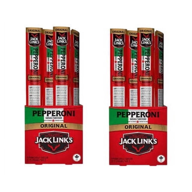 Jack Link's Bâtonnets de Pepperoni Originaux, 20 Unités (2/caisse), Présentant Deux Caisses de Bâtonnets de Pepperoni Emballés Individuellement dans un Emballage Rouge et Vert Audacieux. Chaque Bâtonnet Pèse 22 g (0,78 oz) et Offre une Saveur Originale Classique. Idéal pour les Collations sur le Pouce, le Travail Ou l'École.
