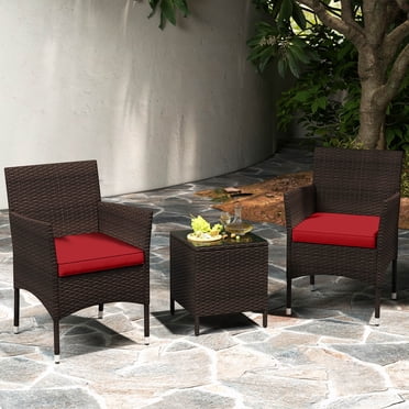 Costway Ensemble de Conversation Extérieur 3 Pcs avec Siège Coussiné et Dessus de Table en Verre Trempé Rouge