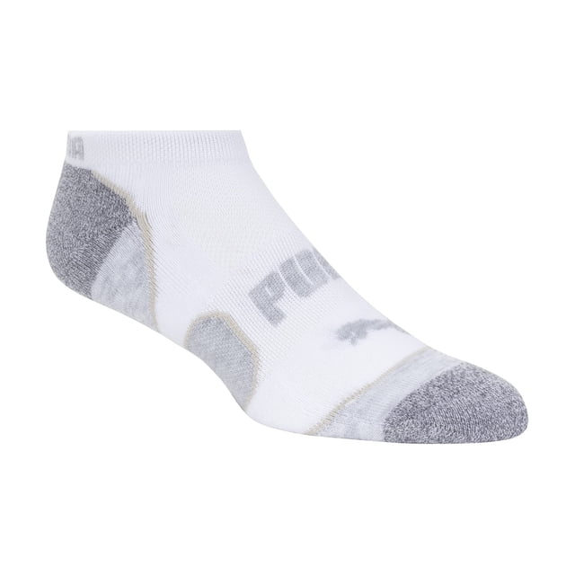 Puma Ladies' No Show Sock 8-pair White shown in a close-up view, highlighting a single white sock with grey accents. Designed for women's shoe sizes 5-9.5 and sock sizes 9-11, it features moisture control, mesh ventilation, arch support, and sport cushioning. Ideal for athletic use and casual wear.