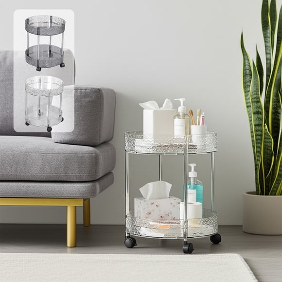Bowayaoa Portable 2 Tier Storage Cart, Clear Plastic Kitchen Shelf Trolley with Wheels, Multi-Layer Bathroom Organizer, Slim Rolling Rack