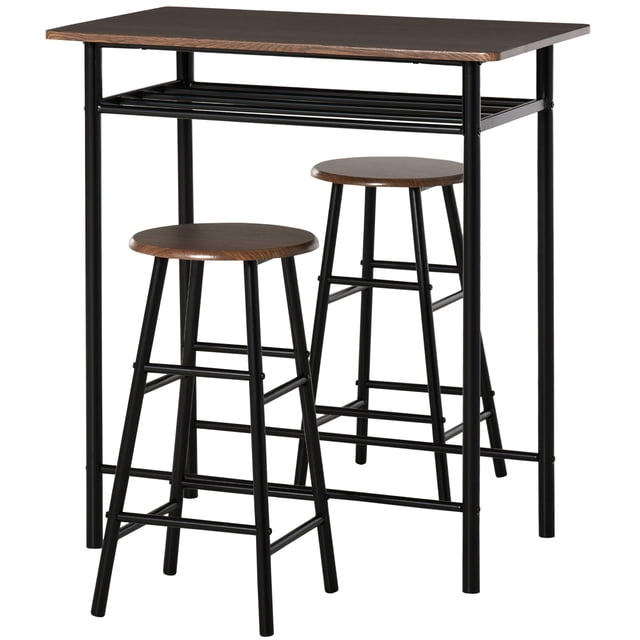 HOMCOM 3 Piece Counter Height Table Chair Set with Table, 2 Matching Stools. This set includes a rectangular table with an oak brown MDF board top and black steel frame, accompanied by two matching round-top stools. The stools can be tucked under the table for space-saving storage. The table features a built-in shelf for added functionality, and the stools include footrests at varying heights for comfort. Ideal for small spaces like apartments or studios, this set combines industrial design with practicality.