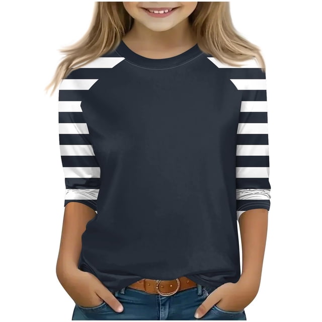 SERTG T-Shirt Mode Enfant Col Rond Manches 3/4 Imprimé Col Rond pour Été et Printemps 4-15 Ans (Noir4,13 Ans)