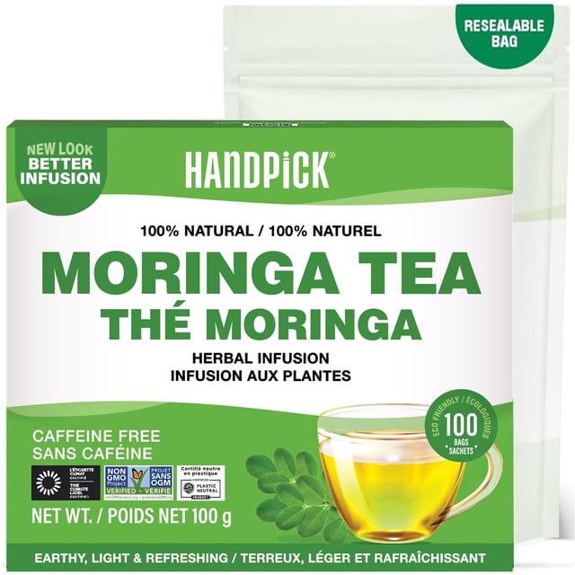HANDPICK Moringa Tea Bags, 100 Count | Caffeine-Free Herbal Tea