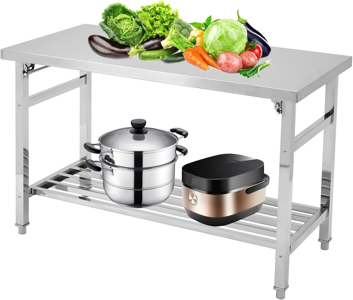 Heavy Duty Stainless Steel Folding Dining Table – Double-Tier Prep Workstation – Adjustable Undershelf – Lockable Casters – 920 lbs Capacity – Ideal for Kitchen, Restaurant, Garage