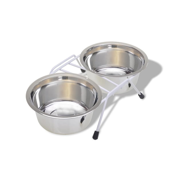 Van Ness Double Dish with Wire Rack .95L featuring two polished stainless steel dog bowls in a white elevated wire rack with skid-proof rubber tip feet, designed for hygienic feeding and easy cleaning.