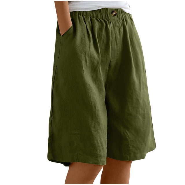 Timegard Wide Leg Shorts for Women Cotton Linen Elastic Waist Button Loose Solid Color Knee Length Pants