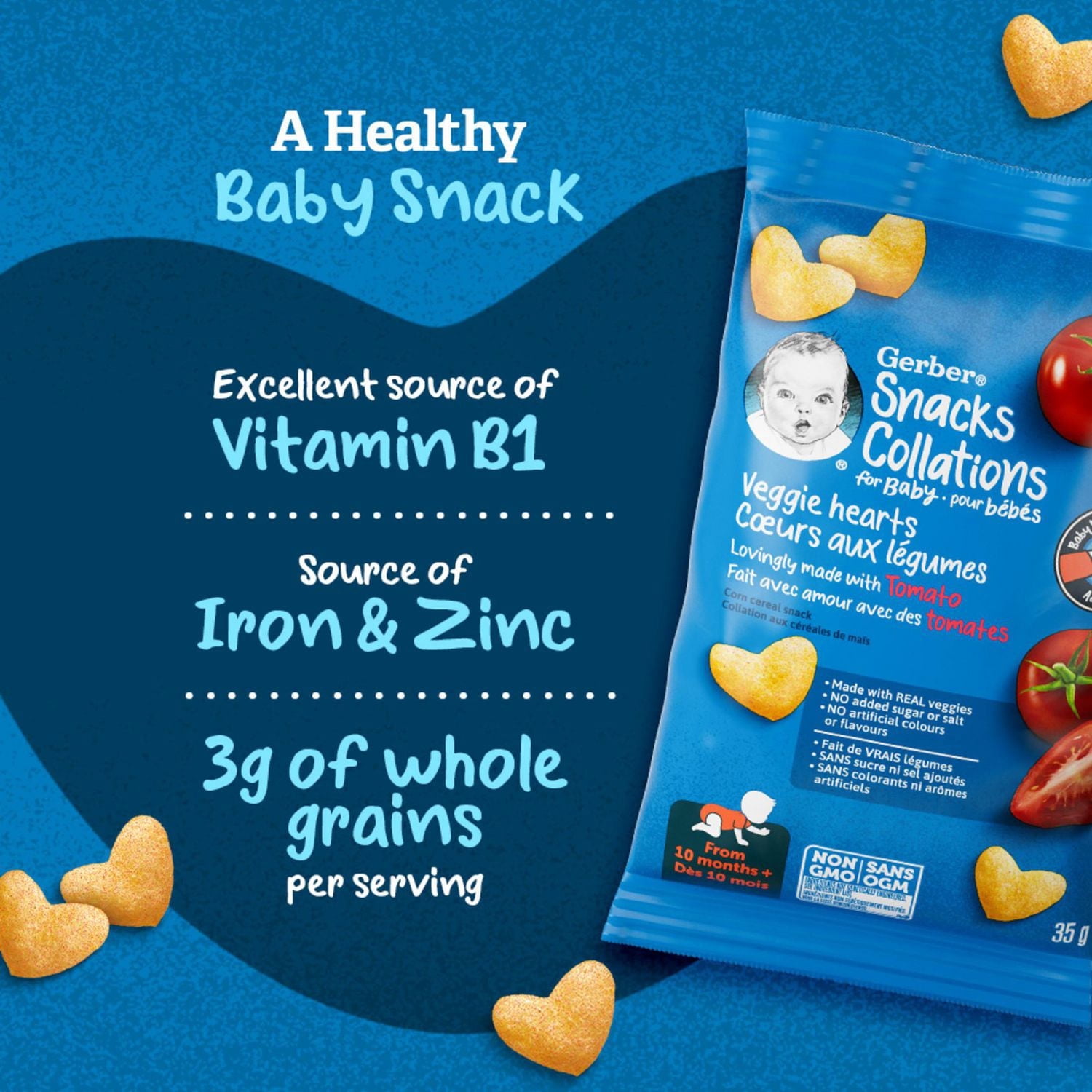 GERBER Cœurs aux légumes à la tomate, collations pour bébés, dès 10 mois, source de vitamine B1, de fer et de zinc, 3 g de grains entiers, sans colorants ni arômes artificiels, sans suc