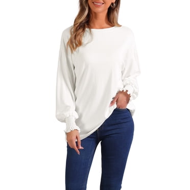 INSPIRE CHIC Hauts Décontractés pour Femmes T-Shirts à Poignets Froncés Blouse à Manches Longues Blanc TP