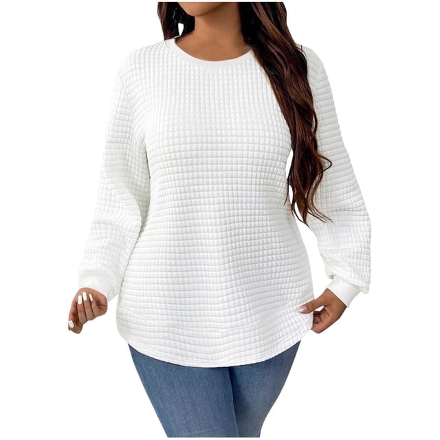 Timegard Plus Size Tops for Women Long Sleeve Round Neck Blouse Fall Casual Tunic Tops Solid Color
