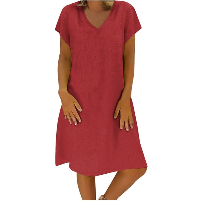 Cameland Robe d'Été Ample pour Femme à Col en V, Unie, à Manches Courtes, en Coton et Lin