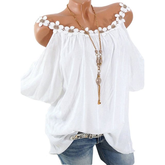 DYMADE Femmes Froid Épaule Dentelle Manches Courtes Sales Tunique de Couleur Haut