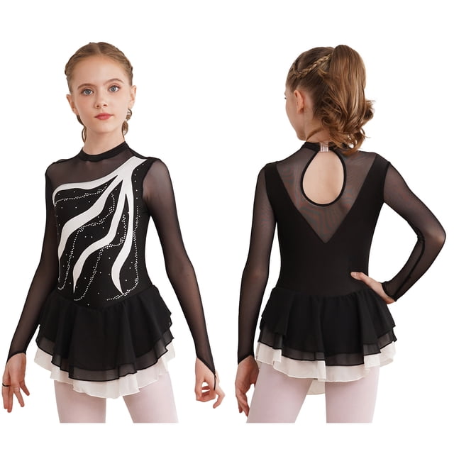 TiaoBug Girls Stylish Mesh Splice Rhinestone Figure Ice Skating Dress Long Sleeves Ballet Dance Tutu Dress White 10