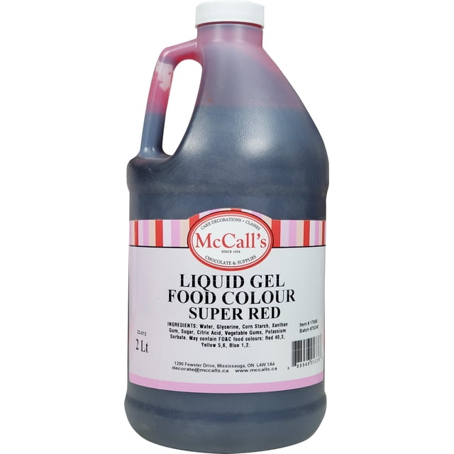 McCall's Super Red Gel Liquid Food Color in a 2L bottle, featuring a vibrant red hue for baking and decorating. The bottle has a white cap and a handle for easy pouring. The label displays the McCall's logo and product details, emphasizing its concentrated formula for bold, lasting color in cakes, frostings, and other culinary creations.