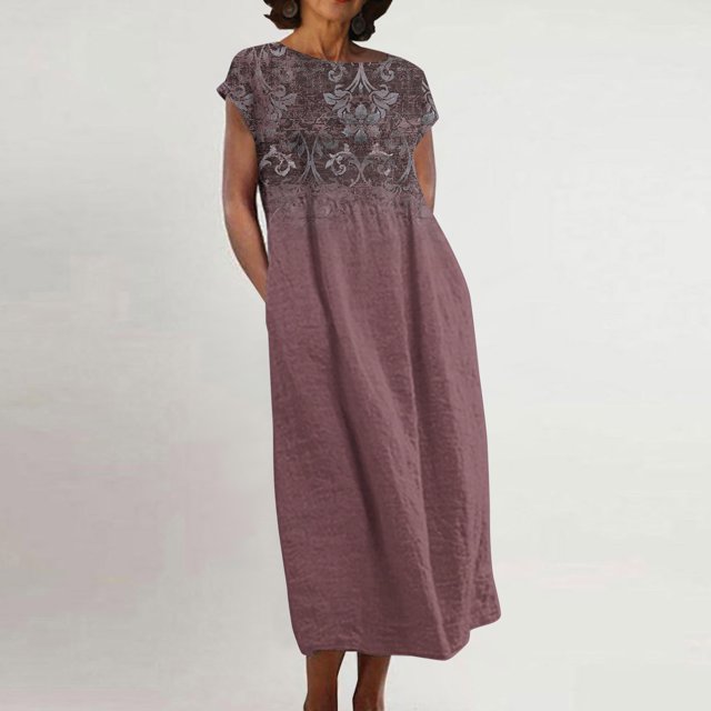 Meichang Robes en Lin pour Femmes 2024 Rétro à Imprimé Floral Coupe Ample Robes Midi Manches Courtes Col Rond Robes d'Été Décontractées Évasées Légères Confortables Longues Robes de Travail Rouge G