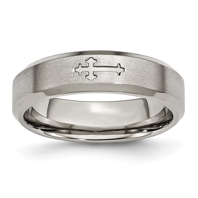 Titanium Cross Design 6mm Satin Beveled Edge Band Ring 6.5 Size