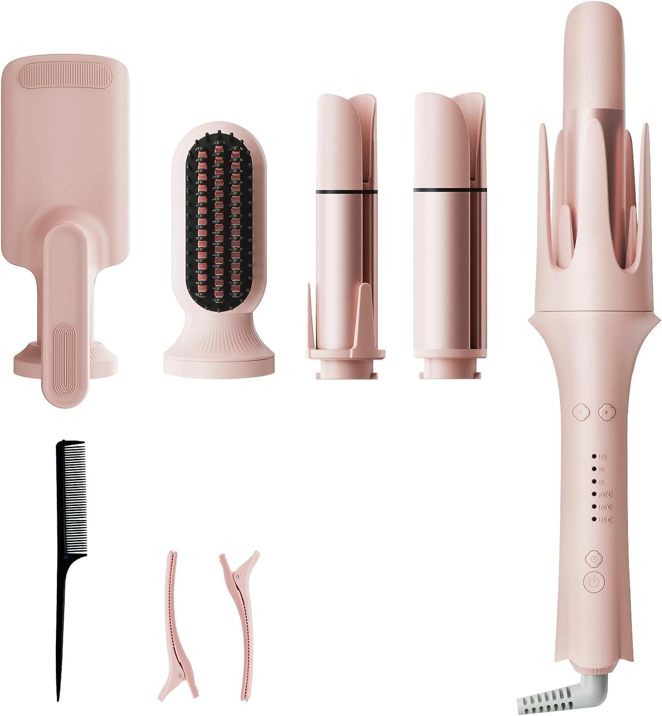 5-in-1 Automatic Curling Iron Set, Interchangeable Hair Styler with 3 Rotating Barrels, Straightening Brush & Wave Wand for All Hair Types, Dual Voltage