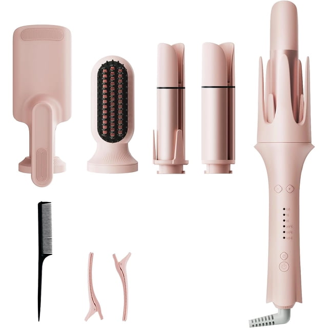 5-in-1 Set de fer à curling automatique, Styler de cheveux interchangeable avec 3 Barres tournantes, brosse à redresseur & Wave Wand pour tous les types de cheveux, double tension