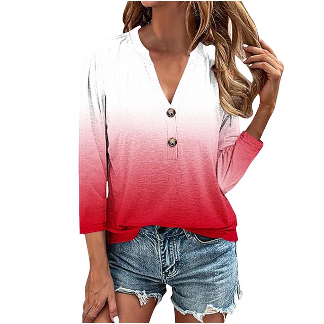 Posijego Hauts pour Femmes à Manches 3/4, Tunique à Boutons à Col en V, Chemisier Chic Décontracté pour Bureau et Affaires