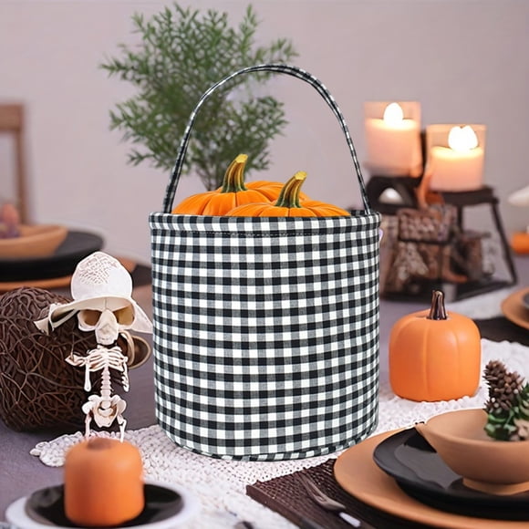 Bwomeauty Halloween Decor, 1pc Halloween Plaid Basket With Tassel Barrel Plaid Cloth Hand Basket Scene Arrangement, Holiday Gifts
