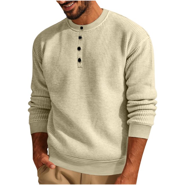 Penkiiy Men's Solid Color 3-Button Round Neck Waffle Long Sleeved Shirt Beige