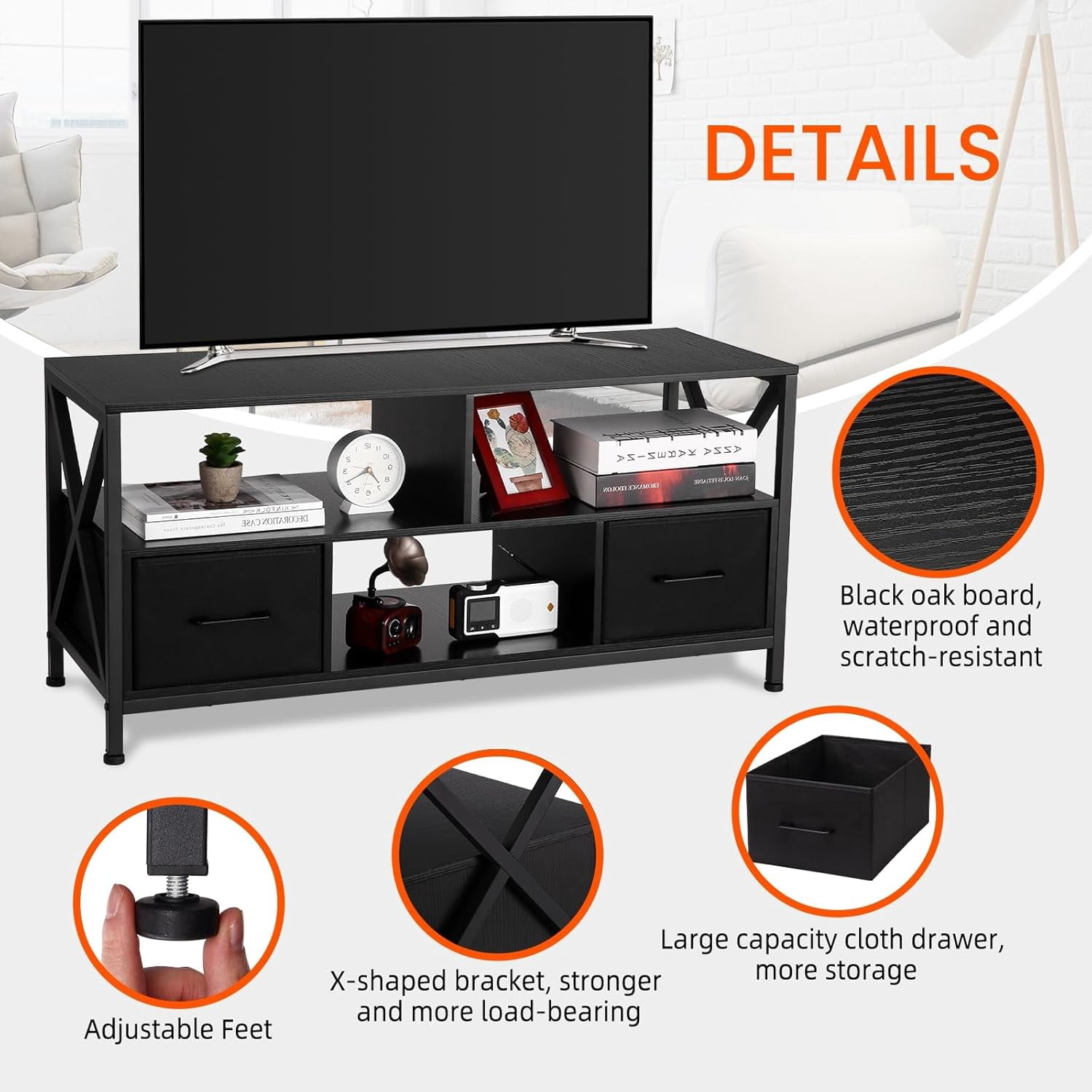 EastVita TV Stand with 2 Fabric Drawers for 50 Inch TV,Entertainment Center with Storage Small TV Stand Dresser,Black Media Console Table for Living Room