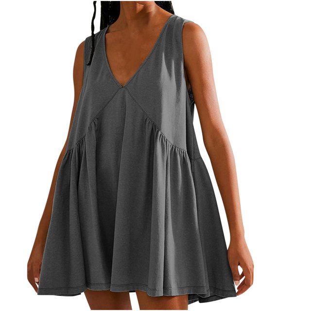 Penkiiy Robe Courte Sans Manches à Col en V pour Femme, Ample, d'Été, Plissée, Évasée et Fluide, m Gris